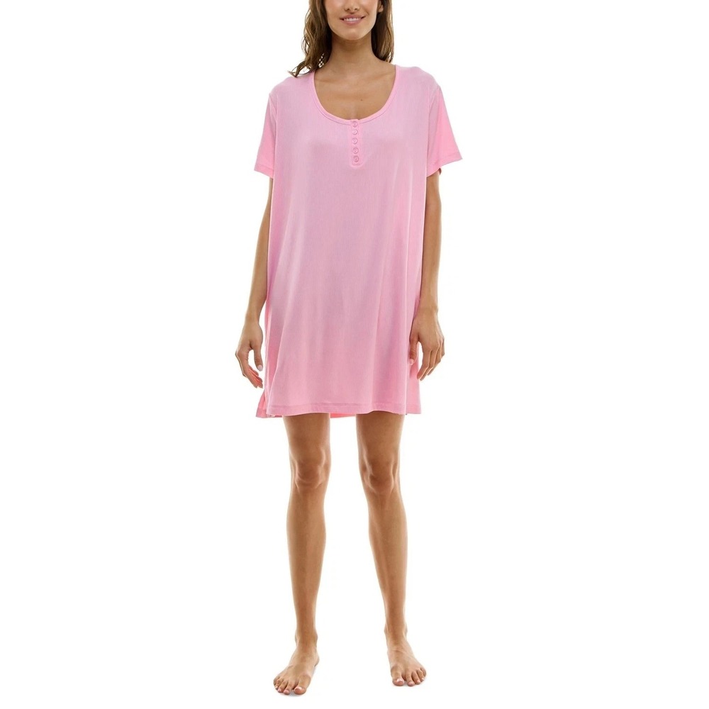 Roudelain Womens XXL Short Sleeve Ribbed Henley Sleep Shirt in Orchid Pink 057